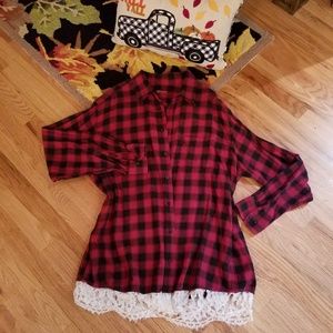 Distressed Lace Trimmed Flannel Shirt